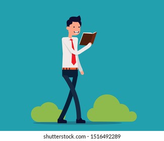 Cheerful person reading while walking. Vector illustration book lover concept, Happy flat cartoon character style design