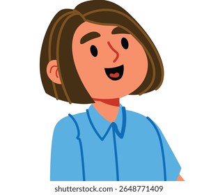 A cheerful person with short hair and a blue shirt in a flat style. The character has a happy expression and simple features. Cartoon vector illustration.