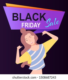 Cheerful personage, isolated female character winking and pointing on herself. Proposition of shop, reduction of price, sale and discount store. Happy woman on black friday sale. Vector in flat style