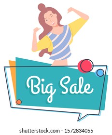 Cheerful personage vector, isolated female character winking and pointing on herself. Proposition of shop, reduction of price, sale and discount store