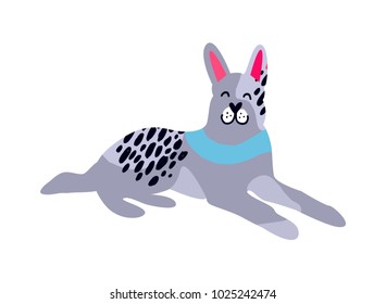 Cheerful pet isolated on white background vector illustration of cute smiling grey dog with oval black spots and pink ears, pretty blue belt on torso