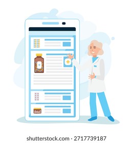 A cheerful pharmacist shows an application for ordering medicines online. Pharmacist's Day. Pharmacy online. Vector illustration.