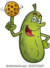 A cheerful pickle cartoon mascot balancing a pickleball on his finger and spinning it like a basketball vector  illustration