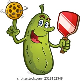 A cheerful pickle cartoon mascot balancing a pickleball on his finger and spinning it like a basketball and holding a paddle ready for a rousing game on the courts