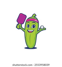 A cheerful pickleball mascot cartoon, featuring a smiling pickleball with arms, legs, and a paddle, radiating fun and energy.