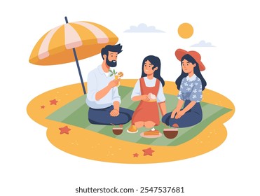 A cheerful picnic scene showing three friends enjoying snacks under an umbrella. They are sitting on a blanket with a sunny sky above. Vector illustration