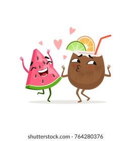 Cheerful piece of watermelon and coconut cocktail with slice of lime and orange dancing together. Flat cartoon characters. Isolated vector