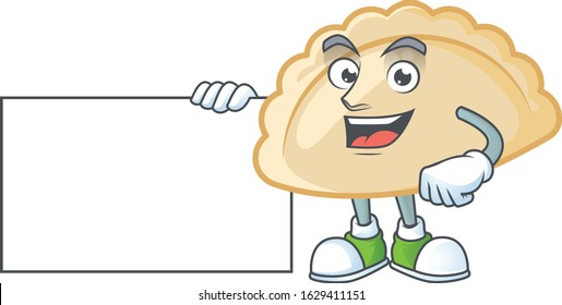 Cheerful pierogi cartoon character having a board