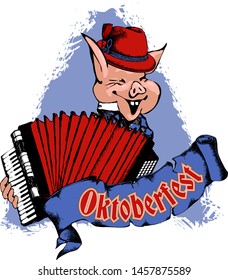 Cheerful pig with an accordion in a Bavarian hat, celebrates Oktoberfest. Suitable for posters, cards, tattoo. Vector illustration. Engraving style