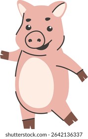 A cheerful pig is depicted in a minimalist drawing style with simple lines and shapes. This happy swine is shown walking with a joyful expression on its face. Cartoon vector illustration