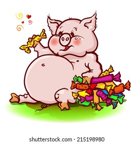cheerful pig eats a lot of sweets
