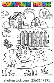 Cheerful pig enjoying a mud bath on a farm, a fun coloring page for kids with a house, hay, fence, pumpkin, butterfly, and smiling sun.