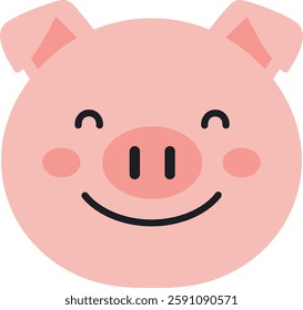 A cheerful pig face features soft pink tones, with a friendly smile and rounded cheeks, exuding a playful and joyful vibe.