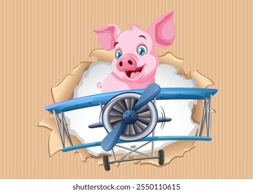 A cheerful pig flying a vintage airplane