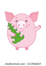 cheerful pig with a green tree waving a foot. Symbol of the new year 2019 in the Chinese calendar. Vector. Cartoon style