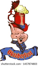 Cheerful pig in a hat-beer mug, celebrates Oktoberfest. Suitable for posters, cards, tattoo. Vector illustration. Engraving style