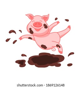 Cheerful pig jumping in a puddle. Cute childish character. Vector illustration isolated on white background.