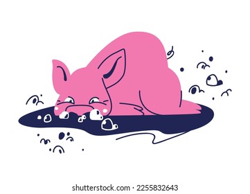A cheerful pig lies in a puddle and blows bubbles. National Pig Day. Funny piggy has fun in the mud. Air bubbles on water. Mascot for event presentations and banners. Flat cartoon illustration.