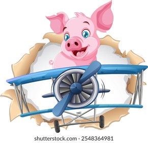 Cheerful pig piloting a classic blue airplane