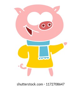 cheerful pig wearing winter clothes flat color style cartoon