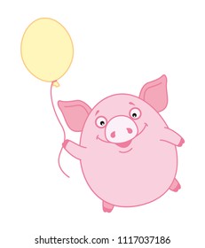 Cheerful pig with a yellow balloon. Symbol of the new year 2019 in the Chinese calendar. Vector. Cartoon style.