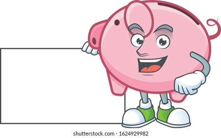 Cheerful piggy bank cartoon character having a board