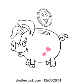 Cheerful piggy bank with a coin in a black contour. In cartoon style on white background. Vector illustration. For coloring book.