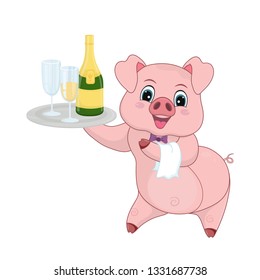 Cheerful piggy waiter holding a tray with a bottle of champagne and glasses. Template for design works.