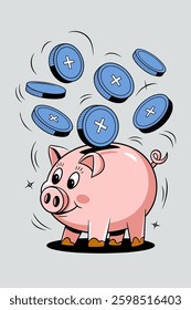 A Cheerful Piggybank Collecting Coins: A Fun Illustration of Savings and Financial Growth in a Vibrant Cartoon Style