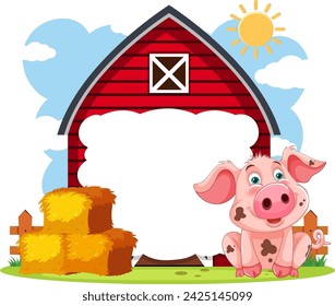 Cheerful piglet with barn and hay bales scene