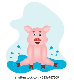 Cheerful piglet bathing in a puddle. Illustration, vector