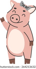 A cheerful piglet is depicted in a simple line drawing style, sporting a gray bow. This adorable swine waves hello with a friendly grin and a happy disposition. Cartoon vector illustration