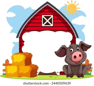 Cheerful piglet outside red barn with hay bales