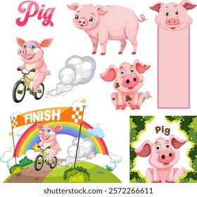 Cheerful pigs biking and exploring colorful landscapes