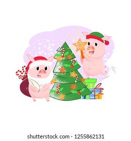 Cheerful pigs wearing Christmas costumes, decorating fir tree. Celebrating concept. Vector illustration can be used for banner design, festive posters, greeting cards, party invitations