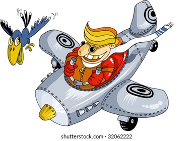 The cheerful pilot flies by the plane competing in speed from the black;