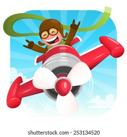 Cheerful pilot in a red plane. Vector illustration