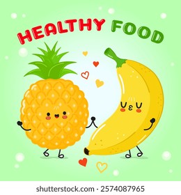 Cheerful pineapple and banana characters holding hands, surrounded by hearts, on a green background, concept of healthy eating