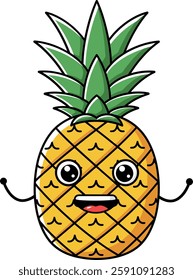 A cheerful pineapple with a big smile and cartoonish features stands with its arms open, radiating joy and playfulness.
