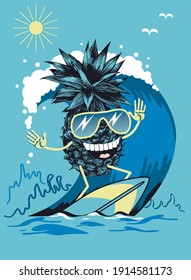 Cheerful pineapple catches a wave on the surf. Vector illustration.