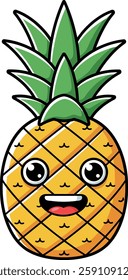 A cheerful pineapple character with big eyes and a wide smile, featuring bright yellow and green colors, radiates a fun and playful mood.