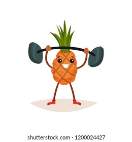 Cheerful pineapple holding barbell over his head. Active physical exercise. Funny humanized fruit. Flat vector icon