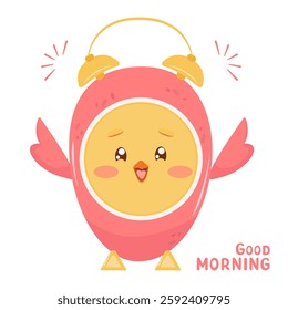 Cheerful pink alarm clock with the inscription “Good morning”. Vector drawing of desk clock in shape of cute chicken with wings. Stylized chronometer for time control and waking up. Front view. Easter