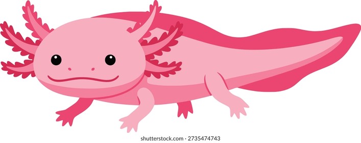 A cheerful pink axolotl, featuring a broad smile and prominent feathery gills, is depicted in a lively and colorful flat vector art style.