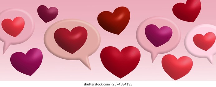 A cheerful pink background with heart-shaped elements in shades of red and purple, enclosed in speech bubbles, representing love and communication.