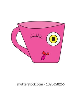 Cheerful pink cup is drawn in flat style. The design is suitable for postcards, paintings, factories, kitchen and kids room decor, T-shirt and clothing printing. Isolated vector