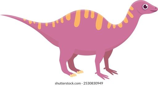 Cheerful pink dinosaur with yellow stripes stands proudly, exuding prehistoric charm. Its whimsical design and friendly demeanor are sure to make you smile