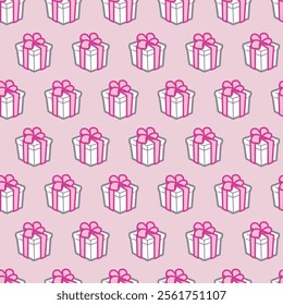 Cheerful Pink Festive Gift Boxes Ribbon Pattern. A festive seamless pattern perfect for winter, Christmas, valentine holiday, and party-themed designs.