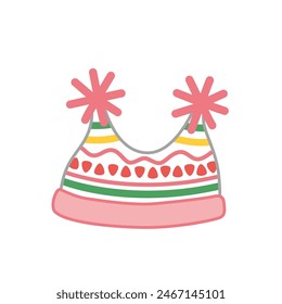 Cheerful pink hat with two pompons. Pink hat. Cartoon, Isolated vector illustration eps 10