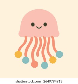 A cheerful pink jellyfish with a smiling face and colorful tentacles